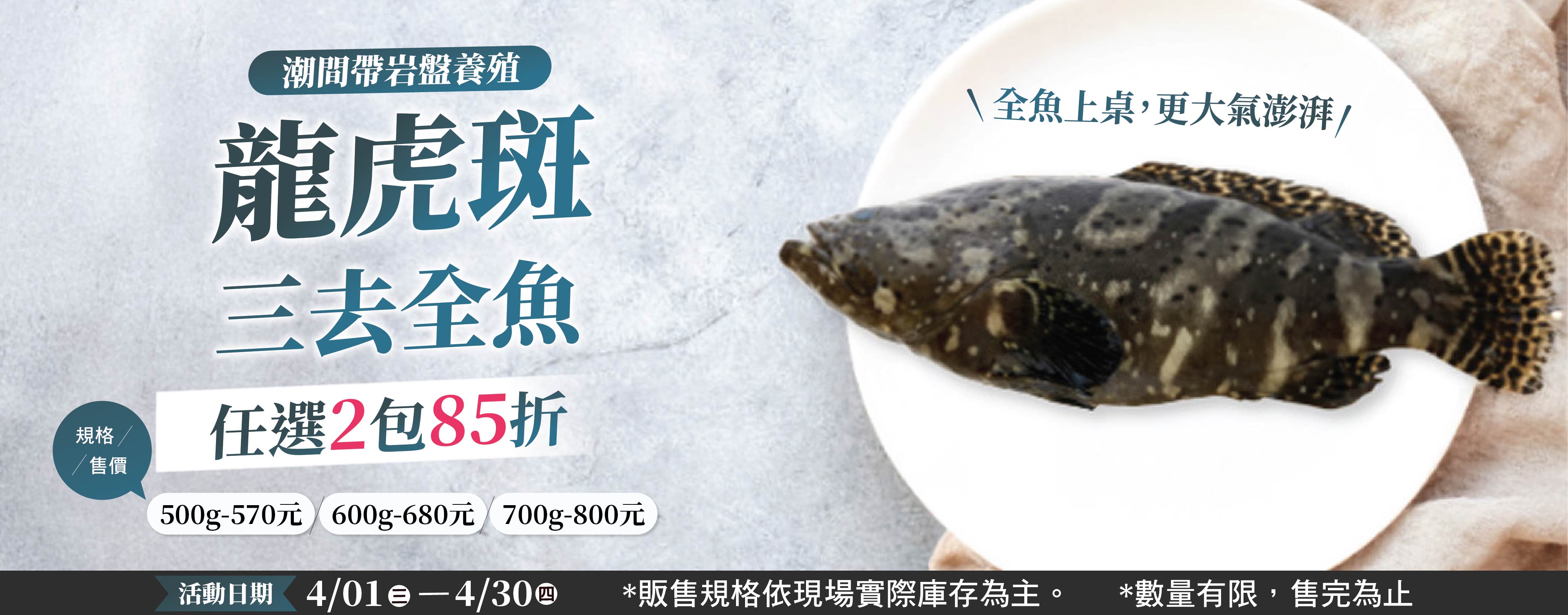 ★ 2026年4月澎湖潮間帶岩盤養殖龍虎斑三去全魚任2包85折【商品下單數量請選2，未滿數量恕無折扣】